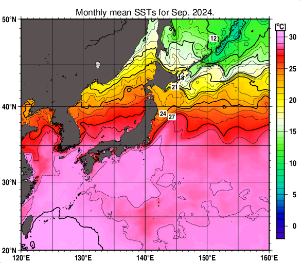 日本近海の月平均海面水温分布図（2024年9月）