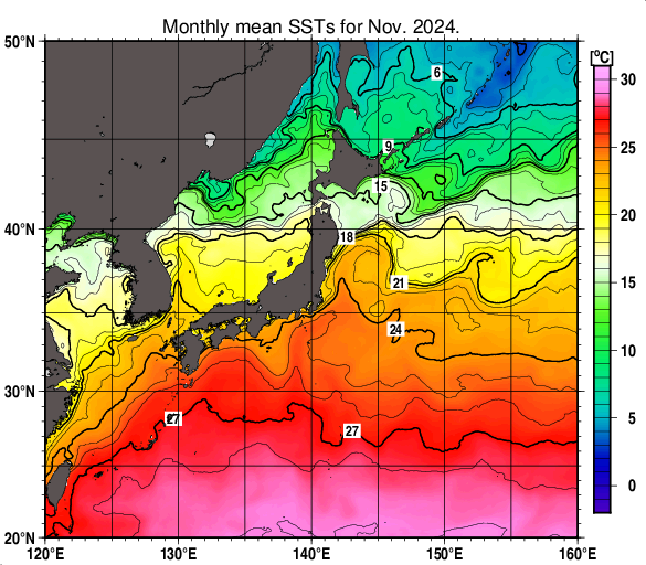 日本近海の月平均海面水温分布図（2024年11月）