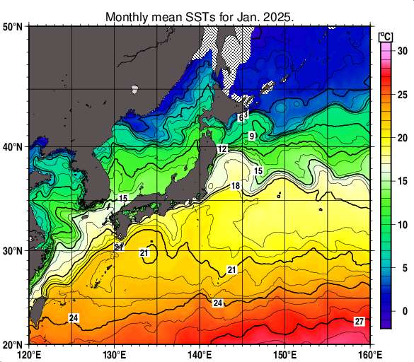 日本近海の月平均海面水温分布図（2025年1月）