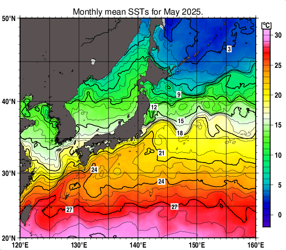 日本近海の月平均海面水温分布図（2025年5月）