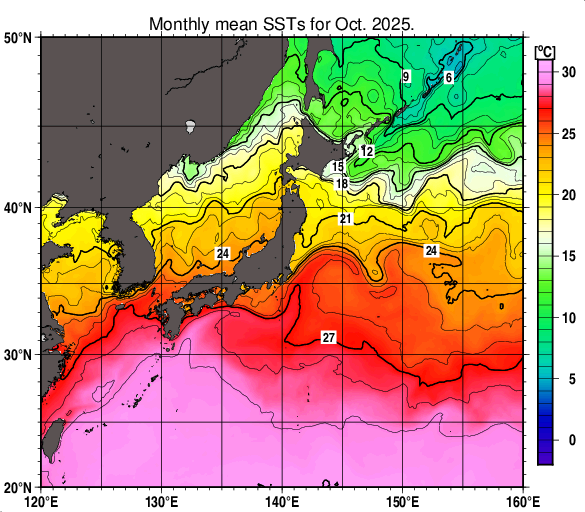 日本近海の月平均海面水温分布図（2025年10月）
