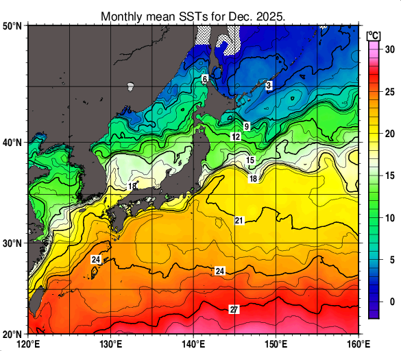 日本近海の月平均海面水温分布図（2025年12月）