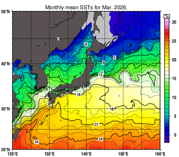 日本近海の月平均海面水温分布図（2026年3月）