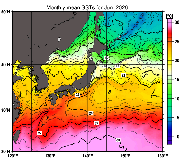 日本近海の月平均海面水温分布図（2026年6月）