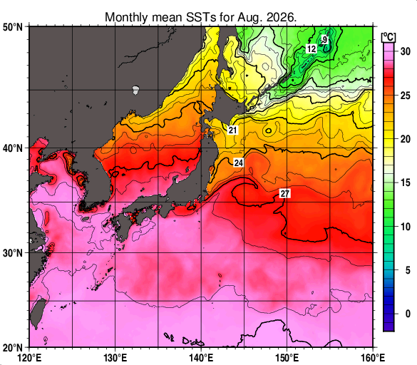 日本近海の月平均海面水温分布図（2026年8月）