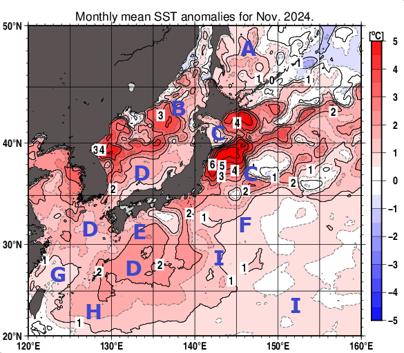 日本近海の月平均海面水温平年差分布図（2024年11月）