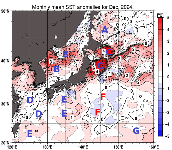 日本近海の月平均海面水温平年差分布図（2024年12月）