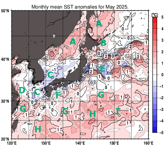 日本近海の月平均海面水温平年差分布図（2025年5月）
