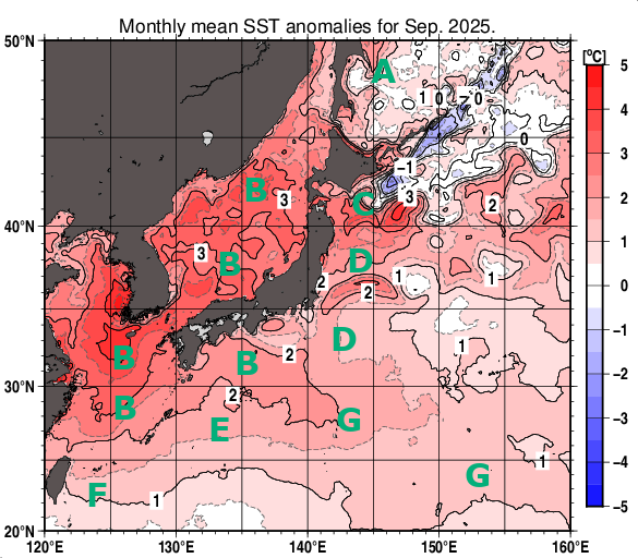 日本近海の月平均海面水温平年差分布図(2025年9月)