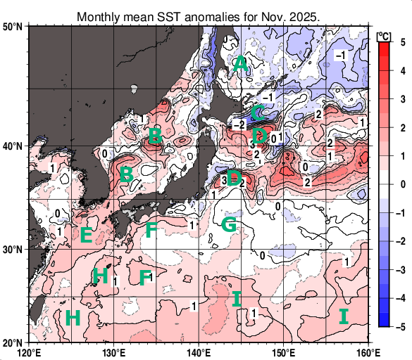 日本近海の月平均海面水温平年差分布図（2025年11月）