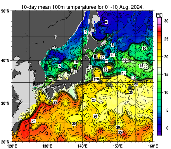 日本近海の深さ100mの旬平均水温分布図（2024年8月上旬）