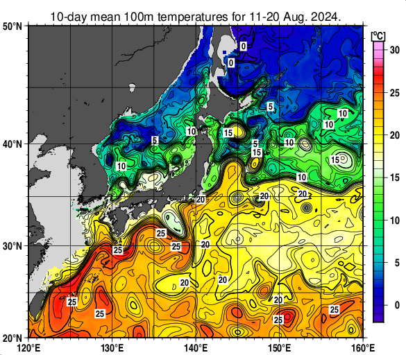 日本近海の深さ100mの旬平均水温分布図（2024年8月中旬）