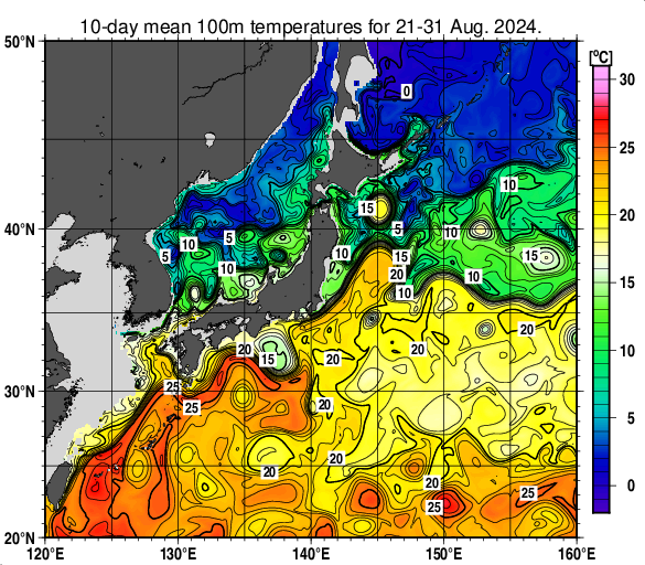 日本近海の深さ100mの旬平均水温分布図（2024年8月下旬）
