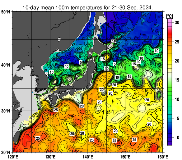 日本近海の深さ100mの旬平均水温分布図（2024年9月下旬）