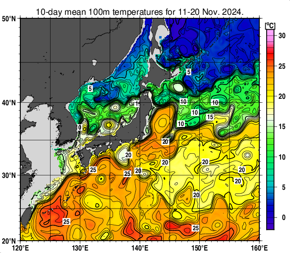 日本近海の深さ100mの旬平均水温分布図（2024年11月中旬）