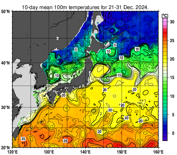 日本近海の深さ100mの旬平均水温分布図（2024年12月下旬）