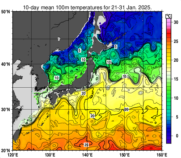 日本近海の深さ100mの旬平均水温分布図（2025年1月下旬）