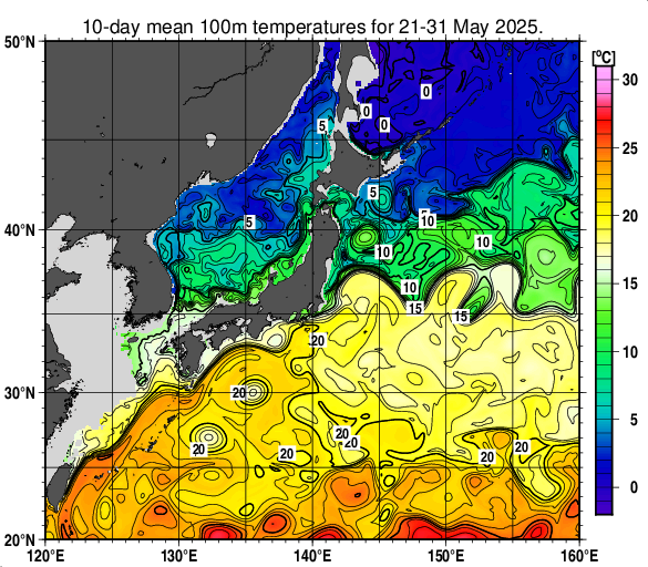 日本近海の深さ100mの旬平均水温分布図（2025年5月下旬）