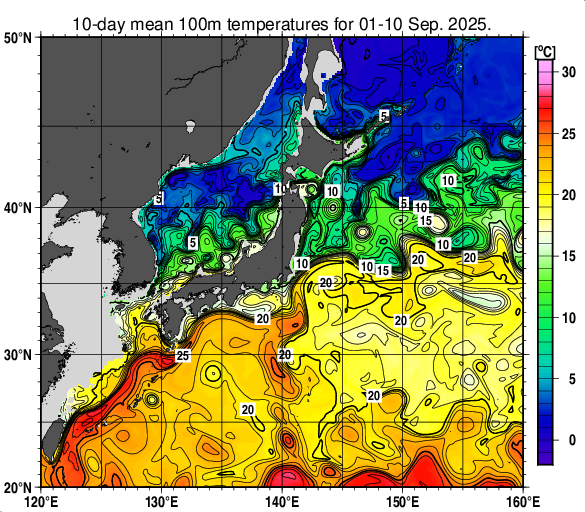 日本近海の深さ100mの旬平均水温分布図(2025年9月上旬)