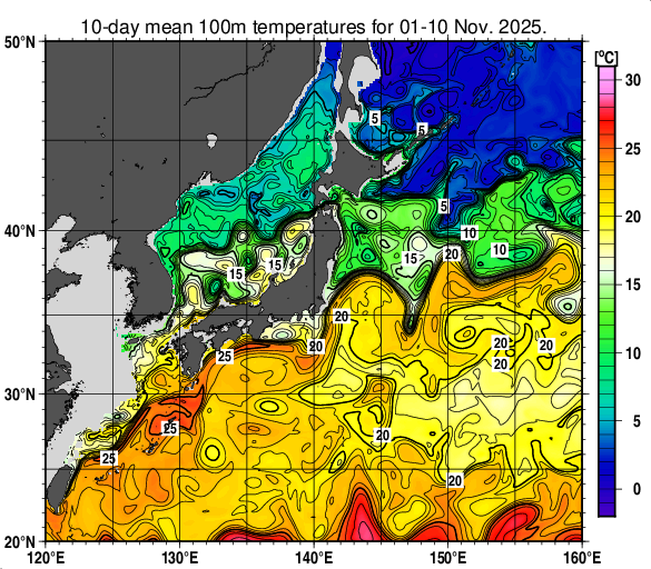 日本近海の深さ100mの旬平均水温分布図（2025年11月上旬）