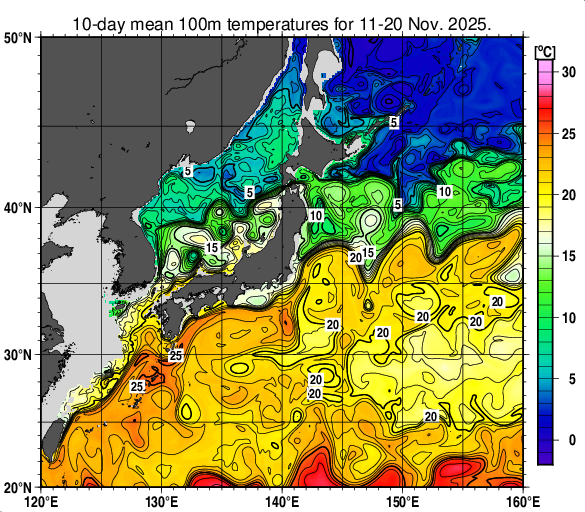 日本近海の深さ100mの旬平均水温分布図（2025年11月中旬）