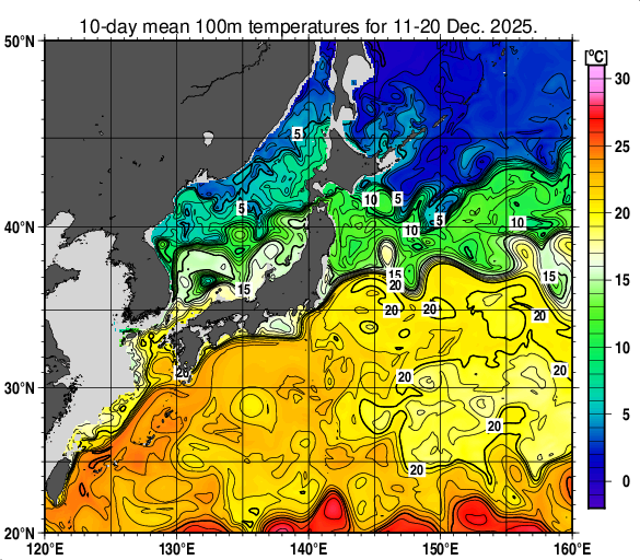 日本近海の深さ100mの旬平均水温分布図（2025年12月中旬）