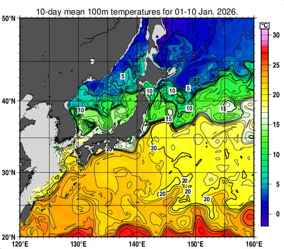 日本近海の深さ100mの旬平均水温分布図（2026年1月上旬）