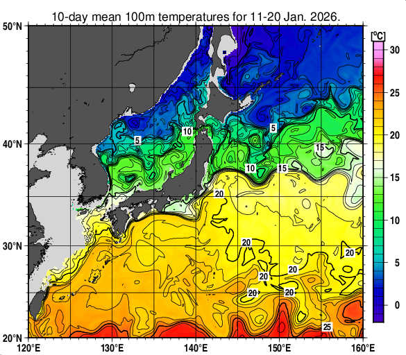 日本近海の深さ100mの旬平均水温分布図（2026年1月中旬）