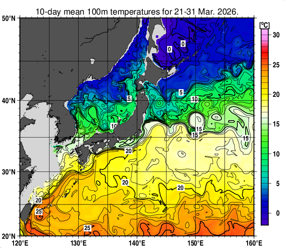 日本近海の深さ100mの旬平均水温分布図（2026年3月下旬）