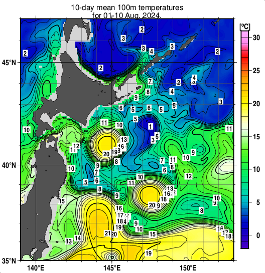 親潮域の深さ100mの旬平均水温分布図（2024年8月上旬）