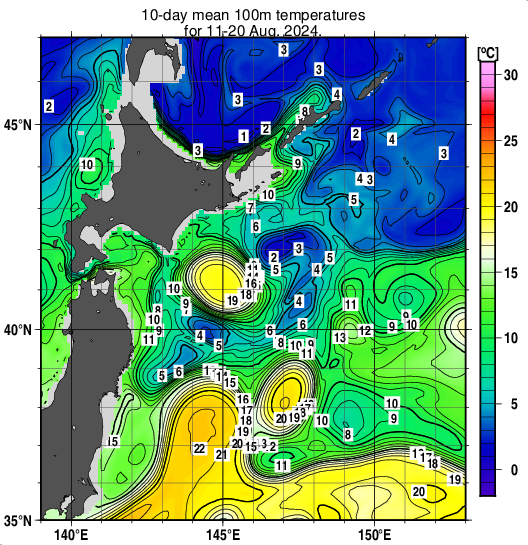 親潮域の深さ100mの旬平均水温分布図（2024年8月中旬）