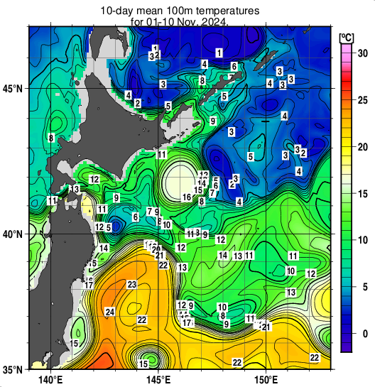 親潮域の深さ100mの旬平均水温分布図（2024年11月上旬）