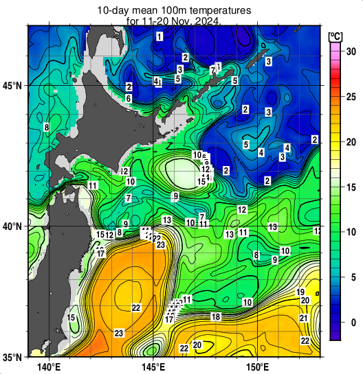 親潮域の深さ100mの旬平均水温分布図（2024年11月中旬）