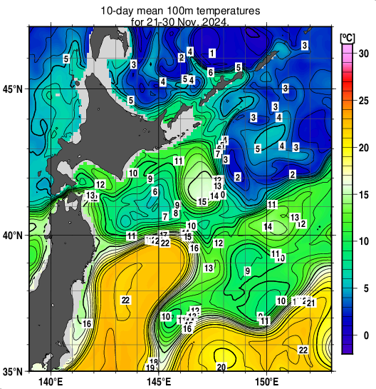 親潮域の深さ100mの旬平均水温分布図（2024年11月下旬）