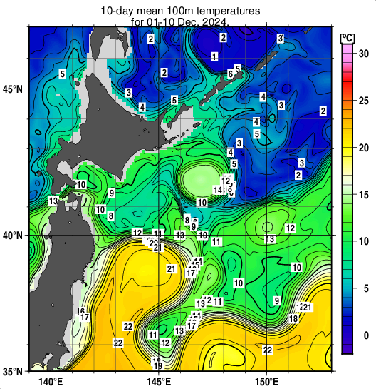 親潮域の深さ100mの旬平均水温分布図（2024年12月上旬）