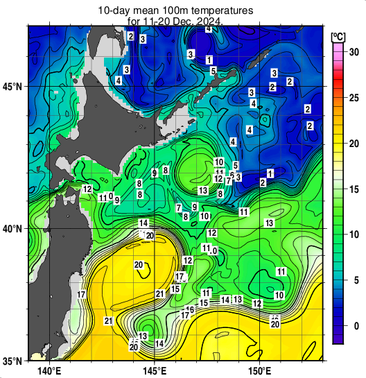 親潮域の深さ100mの旬平均水温分布図（2024年12月中旬）