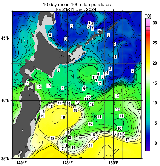 親潮域の深さ100mの旬平均水温分布図（2024年12月下旬）