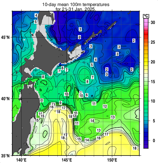 親潮域の深さ100mの旬平均水温分布図（2025年1月下旬）