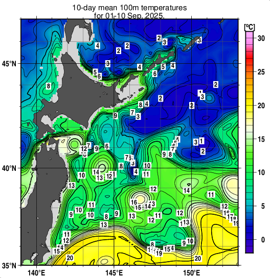 親潮域の深さ100mの旬平均水温分布図(2025年9月上旬)