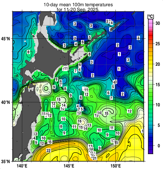 親潮域の深さ100mの旬平均水温分布図(2025年9月中旬)