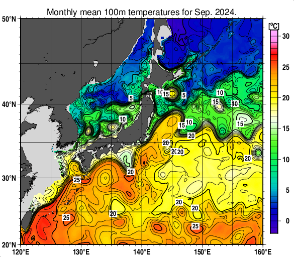 日本近海の深さ100mの月平均水温分布図（2024年9月）