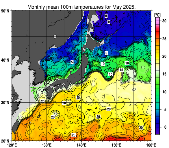 日本近海の深さ100mの月平均水温分布図（2025年5月）