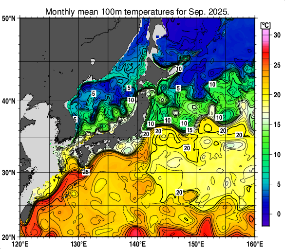 日本近海の深さ100mの月平均水温分布図(2025年9月)