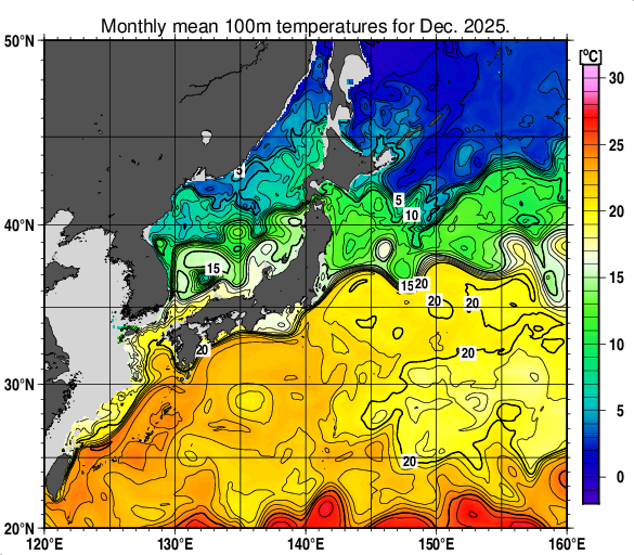 日本近海の深さ100mの月平均水温分布図（2025年12月）