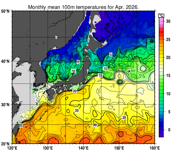日本近海の深さ100mの月平均水温分布図（2026年4月）