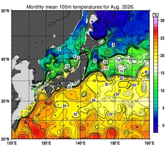日本近海の深さ100mの月平均水温分布図（2026年8月）