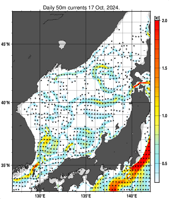 日本海の深さ50mの海流分布図（10月17日）