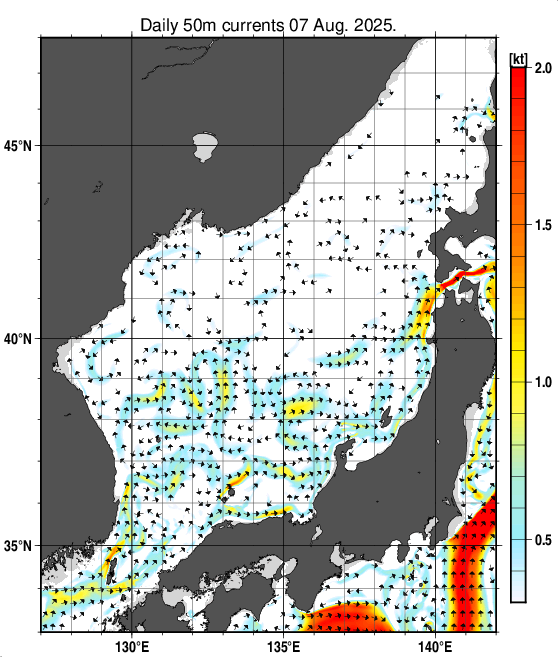 日本海の深さ50mの海流分布図（8月7日）