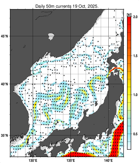 日本海の深さ50mの海流分布図(10月19日)
