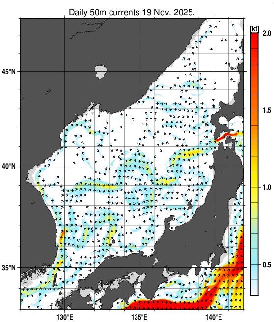 日本海の深さ50mの海流分布図（11月19日）